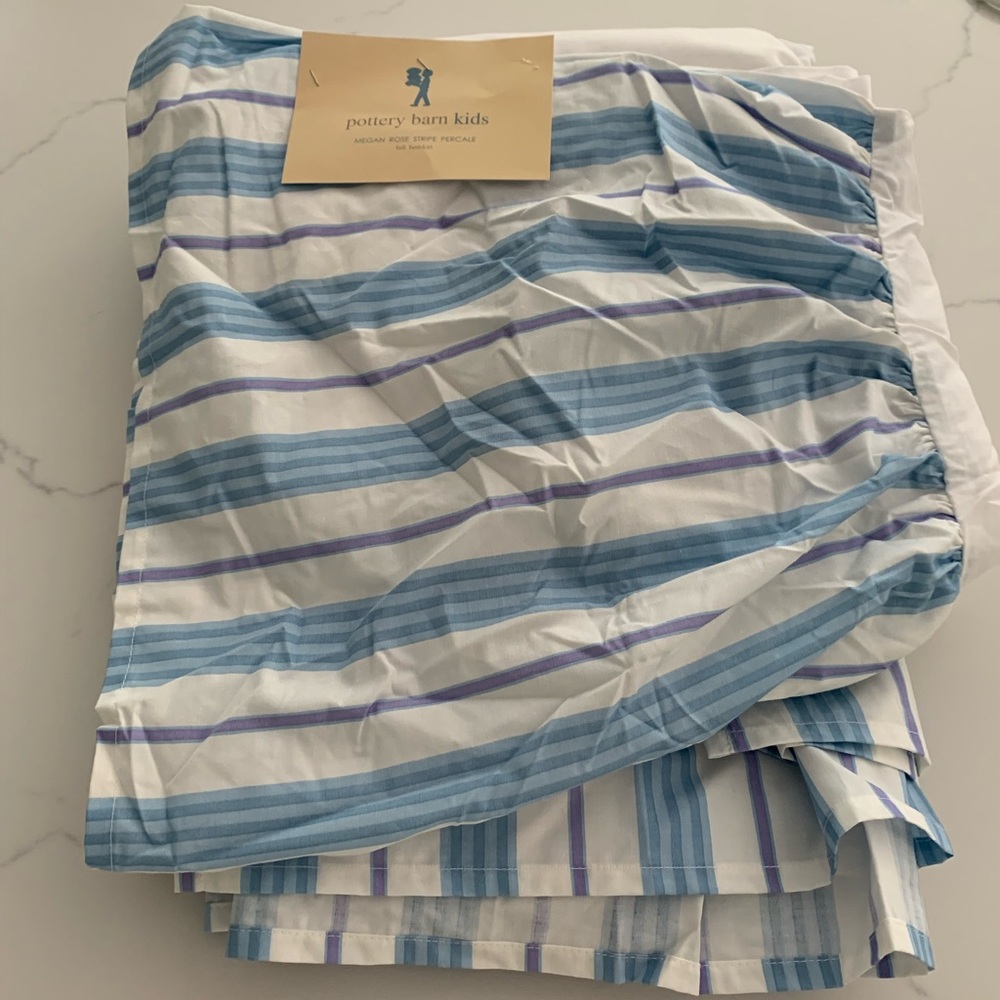 Pottery Barn Megan Rose Stripe Full Bed Skirt. White, blue, purple. New